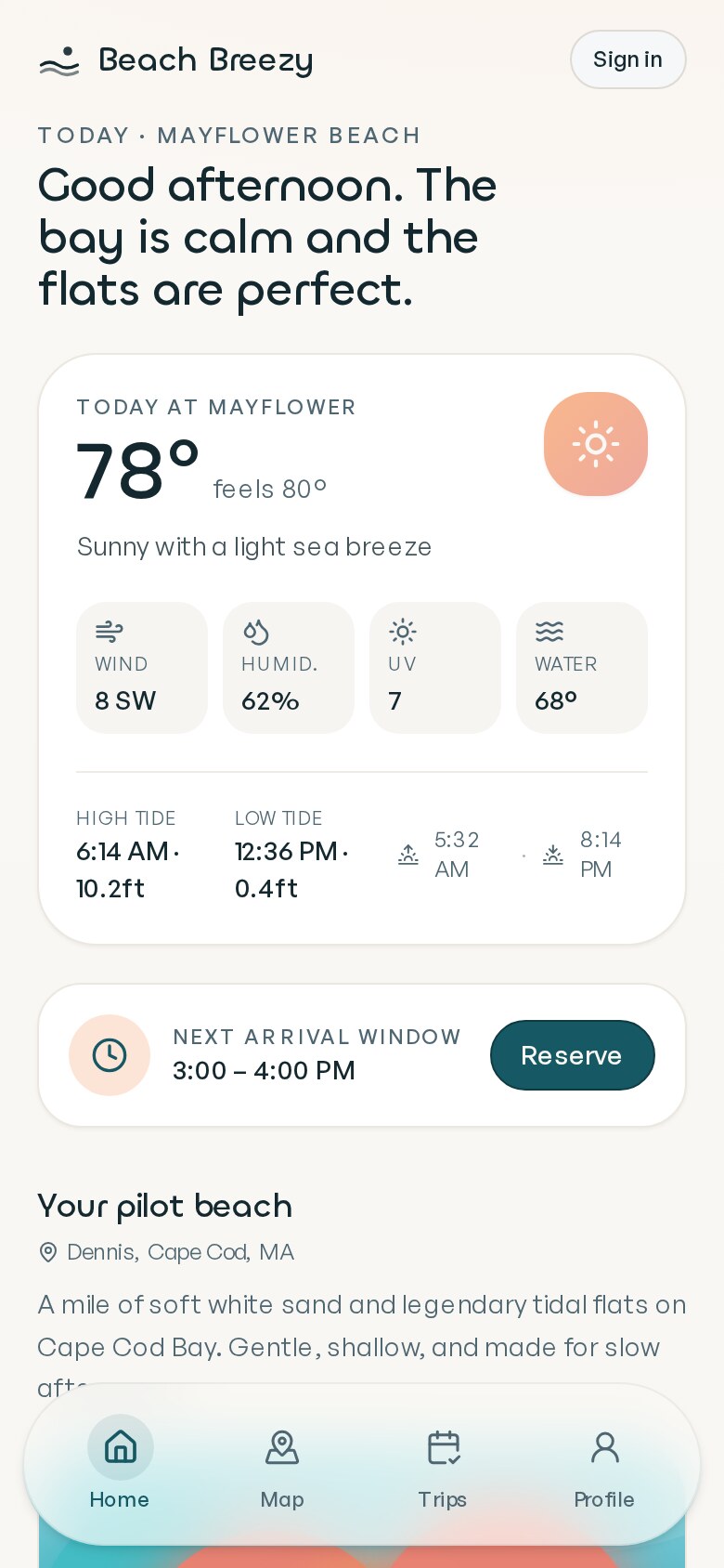 Beach Breezy home screen showing live weather, tides, and arrival window