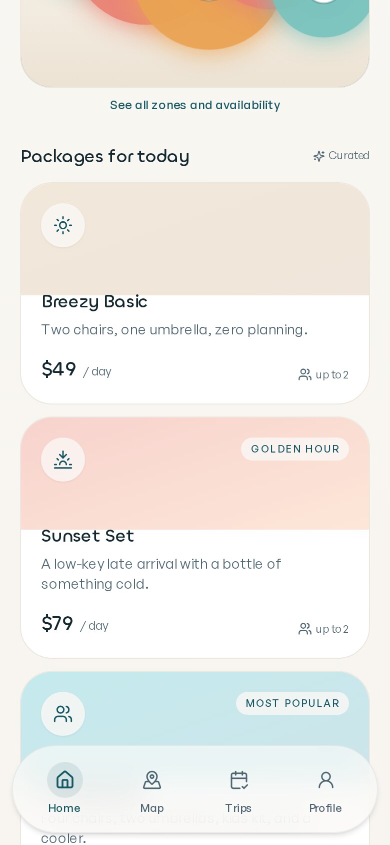 Curated packages: Breezy Basic, Sunset Set, Family Day, Premium Cabana